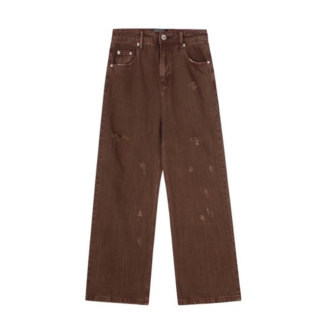 ERD Brown Graffiti Wide Leg Jeans Vintage Brown Distressed Denim Pants
