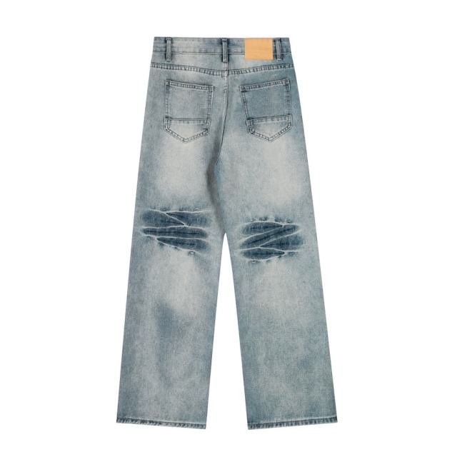 ERD Knee Pleated Wide Leg Jeans Light Wash 3D Crease Denim Pants