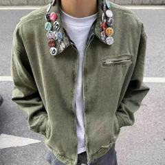 ERD Pin-Badge Distressed Workwear Jacket Olive Washed Military-Inspired Chore Coat