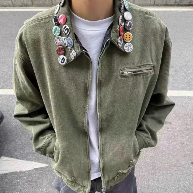 ERD Pin-Badge Distressed Workwear Jacket Olive Washed Military-Inspired Chore Coat