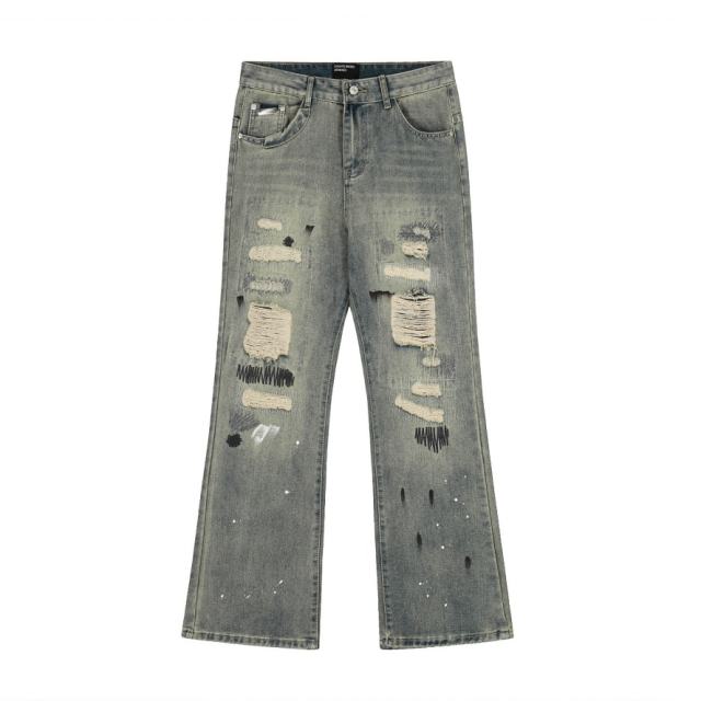 ERD Brown Graffiti Wide Leg Jeans Vintage Brown Distressed Denim Pants