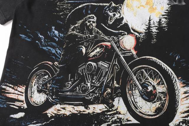 Moonlit Forest Wolf Knight Harley Davidson Motorcycle Black Distressed T-Shirt 29051361