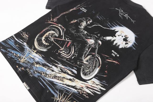 Moonlit Forest Wolf Knight Harley Davidson Motorcycle Black Distressed T-Shirt 29051361