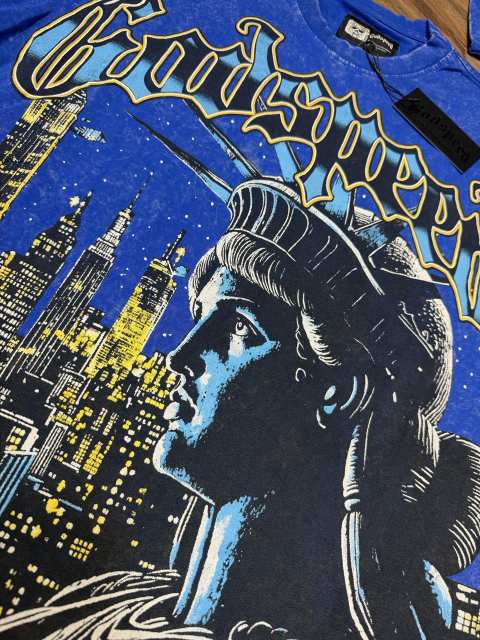 New York Night View Statue of Liberty Royal Blue Distressed Short-Sleeve T-Shirt  29051341