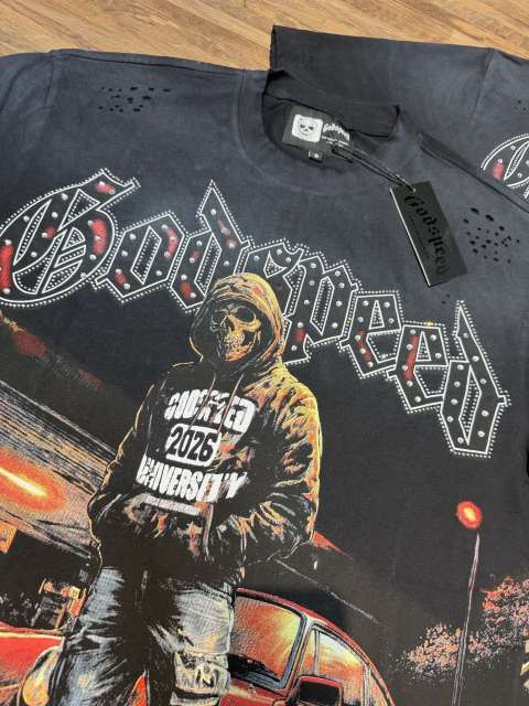 Street skull sports car hot-fix rhinestone black vintage short-sleeved T-shirt 29047352