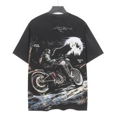 Moonlit Forest Wolf Knight Harley Davidson Motorcycle Black Distressed T-Shirt 29051361