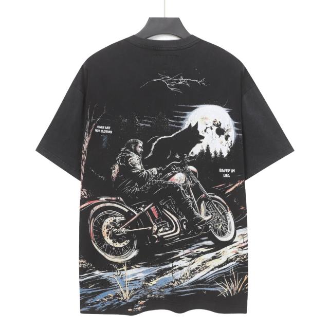 Moonlit Forest Wolf Knight Harley Davidson Motorcycle Black Distressed T-Shirt 29051361
