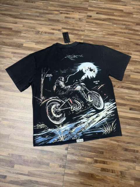 Moonlit Forest Wolf Knight Harley Davidson Motorcycle Black Distressed T-Shirt 29051361