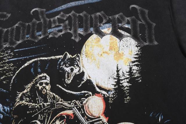 Moonlit Forest Wolf Knight Harley Davidson Motorcycle Black Distressed T-Shirt 29051361