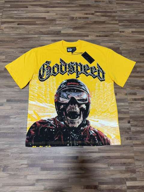 Skiing skull hot-fix rhinestone letters yellow double-sided printed short-sleeved T-shirt 29051353