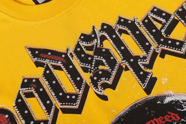 Skiing skull hot-fix rhinestone letters yellow double-sided printed short-sleeved T-shirt 29051353