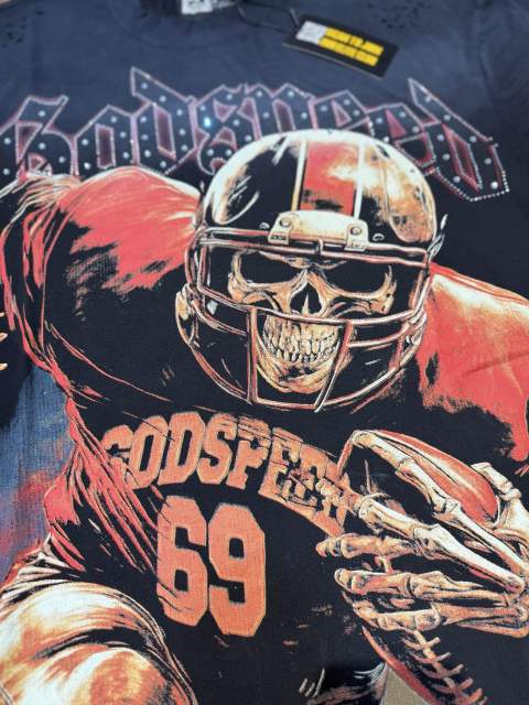 Rugby skull hot-fix rhinestone black vintage short-sleeved T-shirt 29047403