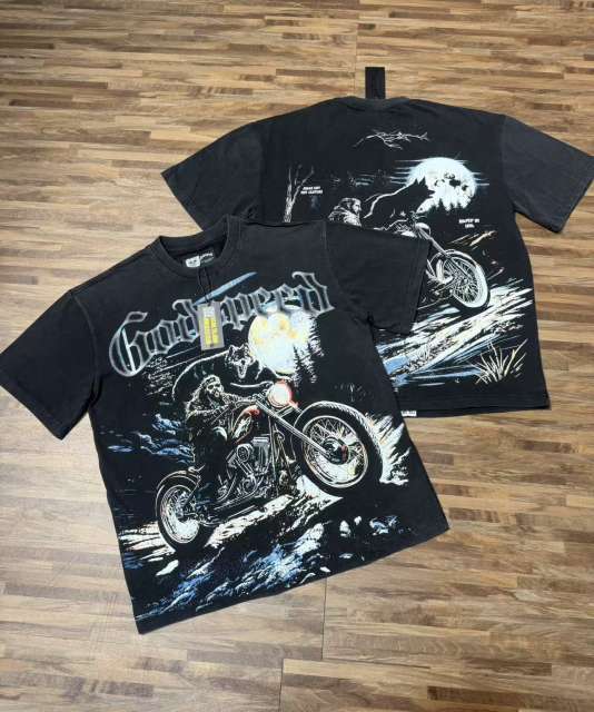 Moonlit Forest Wolf Knight Harley Davidson Motorcycle Black Distressed T-Shirt 29051361