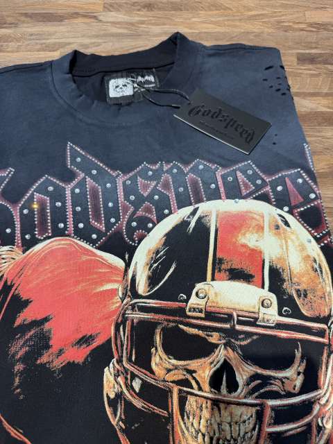 Rugby skull hot-fix rhinestone black vintage short-sleeved T-shirt 29047403