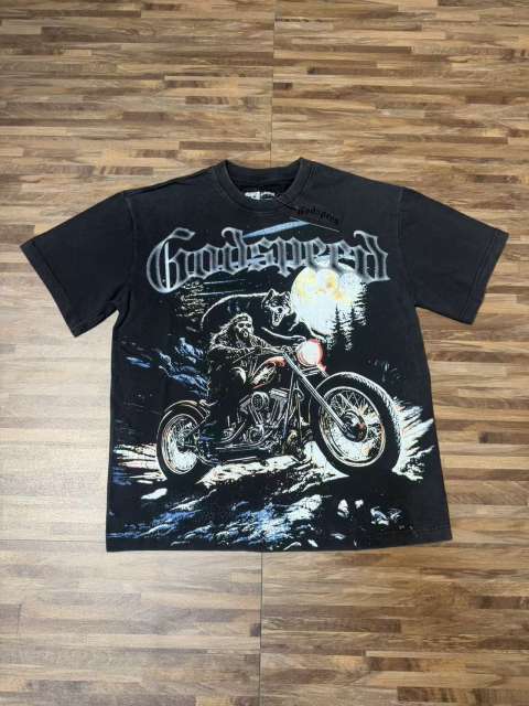 Moonlit Forest Wolf Knight Harley Davidson Motorcycle Black Distressed T-Shirt 29051361