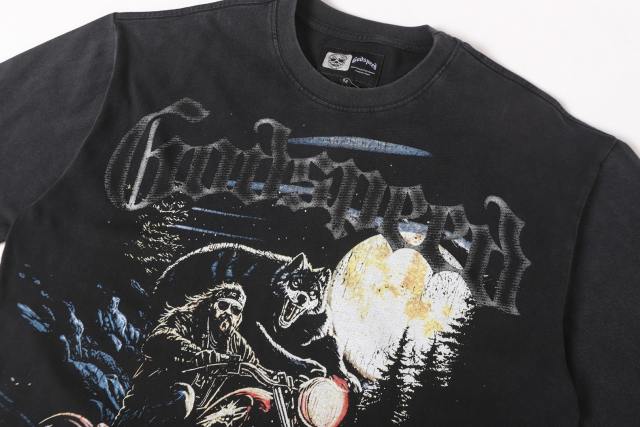 Moonlit Forest Wolf Knight Harley Davidson Motorcycle Black Distressed T-Shirt 29051361