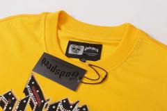 Skiing skull hot-fix rhinestone letters yellow double-sided printed short-sleeved T-shirt 29051353