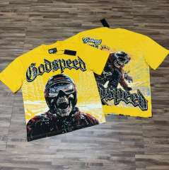 Skiing skull hot-fix rhinestone letters yellow double-sided printed short-sleeved T-shirt 29051353