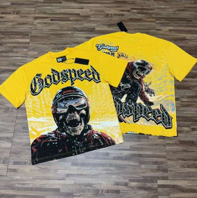 Skiing skull hot-fix rhinestone letters yellow double-sided printed short-sleeved T-shirt 29051353