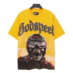 Skiing skull hot-fix rhinestone letters yellow double-sided printed short-sleeved T-shirt 29051353