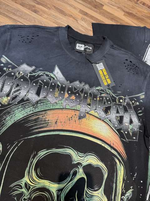 Astronaut skeleton hot-fix rhinestone vintage short-sleeved T-shirt 29047359