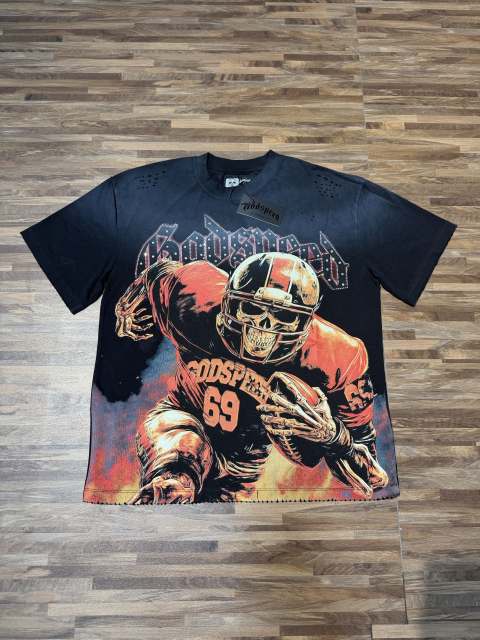 Rugby skull hot-fix rhinestone black vintage short-sleeved T-shirt 29047403