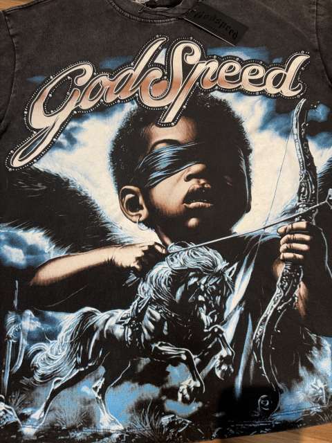 Blindfolded Cupid Angel Rhinestone-decorated Distressed T-shirt 2 colors 29051377
