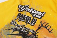 Skiing skull hot-fix rhinestone letters yellow double-sided printed short-sleeved T-shirt 29051353
