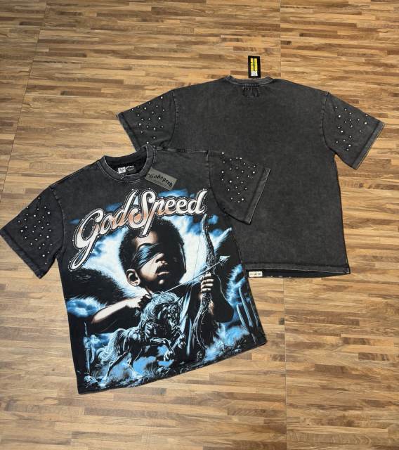 Blindfolded Cupid Angel Rhinestone-decorated Distressed T-shirt 2 colors 29051377