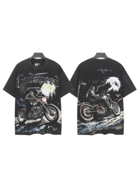 Moonlit Forest Wolf Knight Harley Davidson Motorcycle Black Distressed T-Shirt 29051361