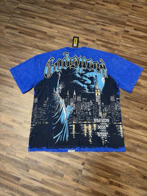 New York Night View Statue of Liberty Royal Blue Distressed Short-Sleeve T-Shirt  29051341