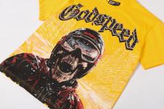 Skiing skull hot-fix rhinestone letters yellow double-sided printed short-sleeved T-shirt 29051353