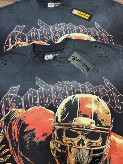 Rugby skull hot-fix rhinestone black vintage short-sleeved T-shirt 29047403