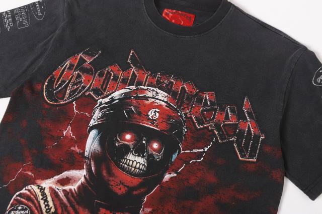 Racing driver skull hot-fix Gothic font black vintage short-sleeved T-shirt 29051372