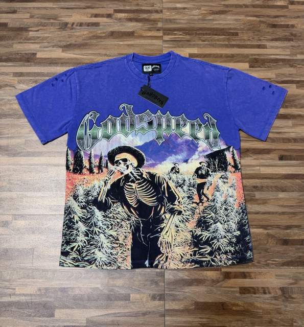 Rural skeleton farmer gradient letter royal blue vintage short-sleeved T-shirt 29052384