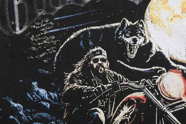 Moonlit Forest Wolf Knight Harley Davidson Motorcycle Black Distressed T-Shirt 29051361