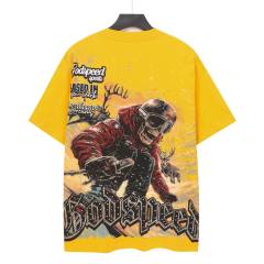 Skiing skull hot-fix rhinestone letters yellow double-sided printed short-sleeved T-shirt 29051353