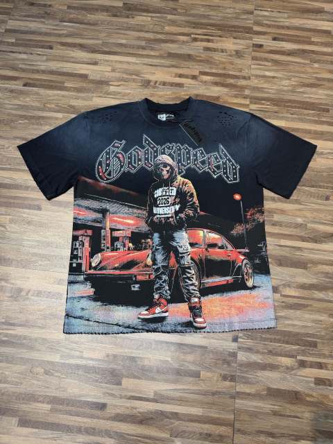 Street skull sports car hot-fix rhinestone black vintage short-sleeved T-shirt 29047352