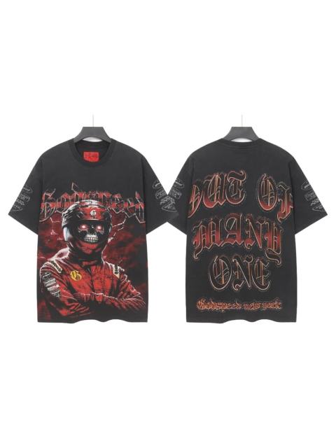 Racing driver skull hot-fix Gothic font black vintage short-sleeved T-shirt 29051372
