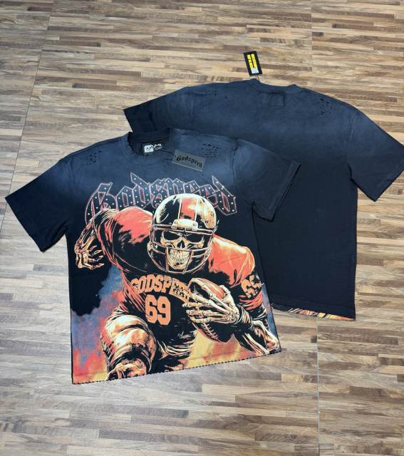 Rugby skull hot-fix rhinestone black vintage short-sleeved T-shirt 29047403