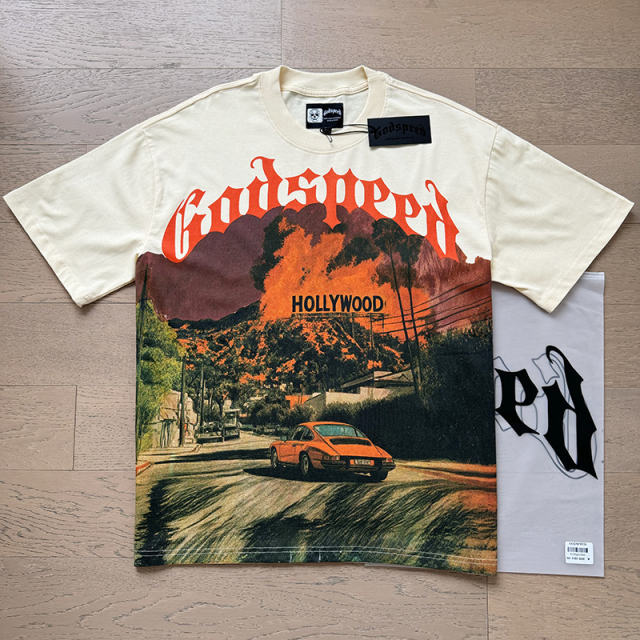 Hollywood sports car beige short-sleeved T-shirt 29047316