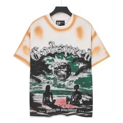 Beach Skeleton Couple Sunset Black and Yellow Distressed Short-sleeved T-shirt 29052437