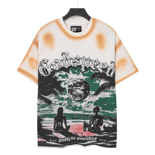 Beach Skeleton Couple Sunset Black and Yellow Distressed Short-sleeved T-shirt 29052437