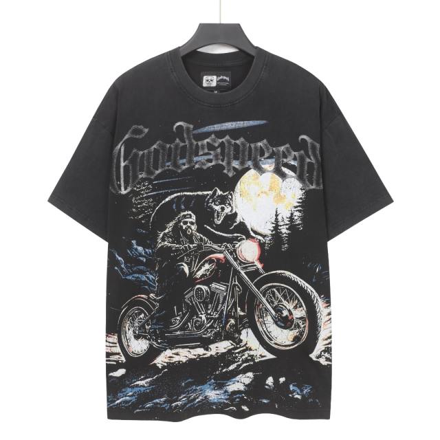 Moonlit Forest Wolf Knight Harley Davidson Motorcycle Black Distressed T-Shirt 29051361