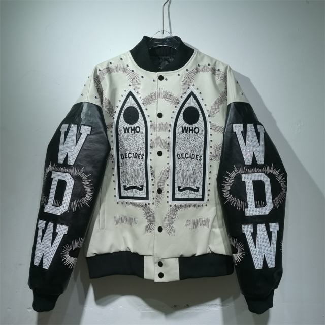 WHO DECIDES WAR Gothic Totem Embroidered PU Rhinestone Biker Jacket
