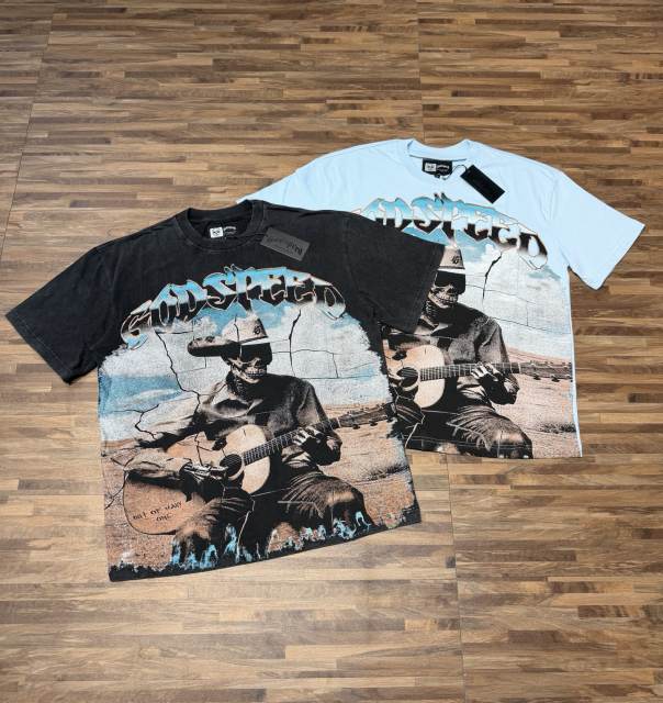 Western cowboy skull guitar vintage washed double-sided printed T-shirt 29038247
