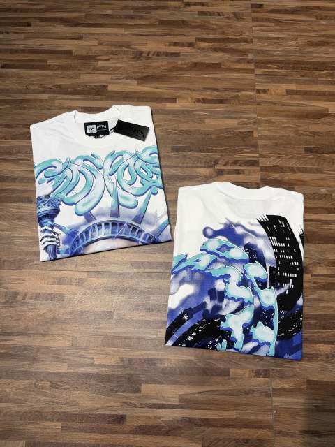 American-style white and blue contrast lightning bolt skeleton print short-sleeved shirt 29035015