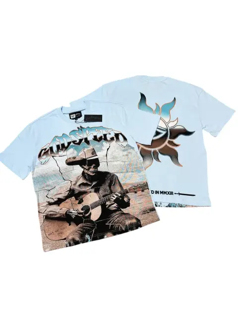 Light blue western cowboy skull guitar double-sided printed T-shirt 29038260