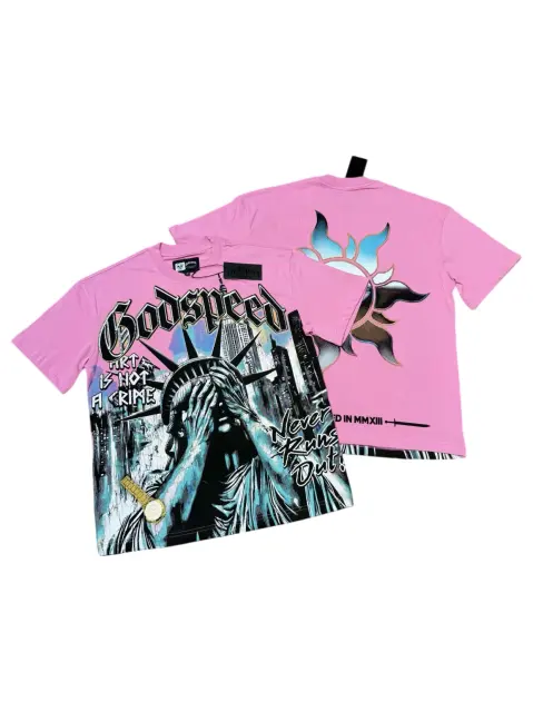 Pink face-covering Liberty Goddess hot-diamond printed T-shirt 29038242
