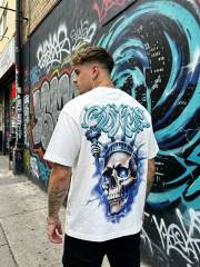 American-style white and blue contrast lightning bolt skeleton print short-sleeved shirt 29035015